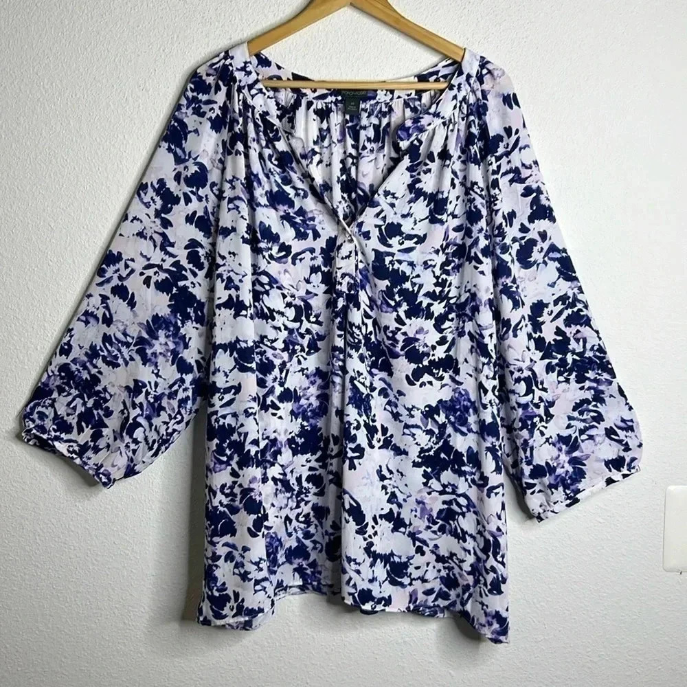 Porophrose plus 2X purple floral polyester lightweight 3/4 button down tunic